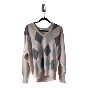 Clark Gregory Size Large Argyle Sweater Beige Green Gray 100% Merino Wool